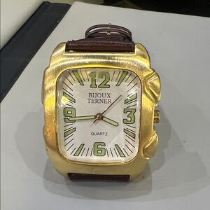 Bijoux Terner Gold and Brown Square Watch with Green Accents
